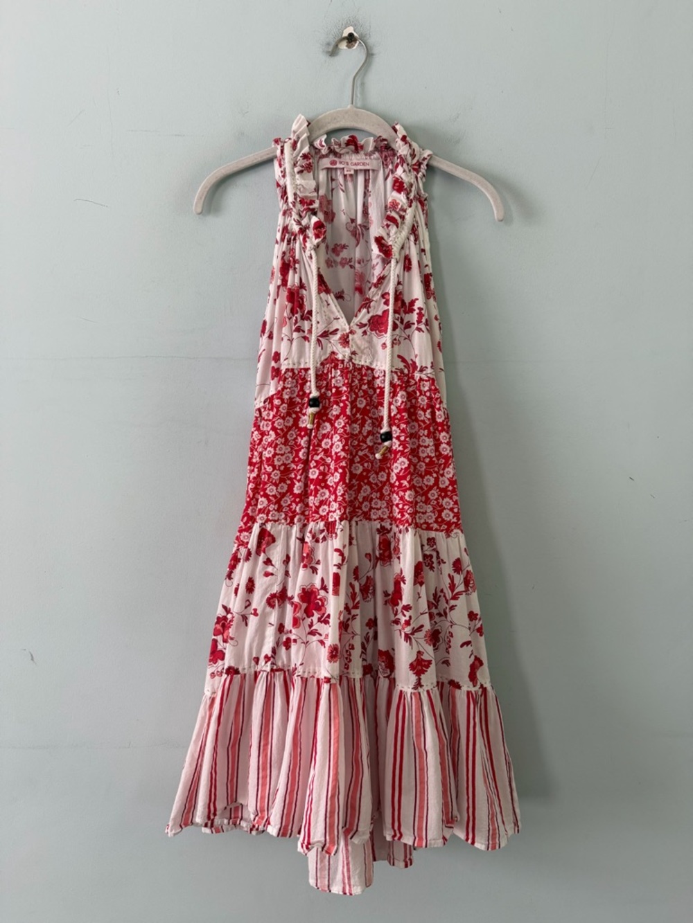 Ro’s Garden Anthro Sofia Red White Floral Sleeveless Tiered Boho Mini Dress - Picture 2 of 6
